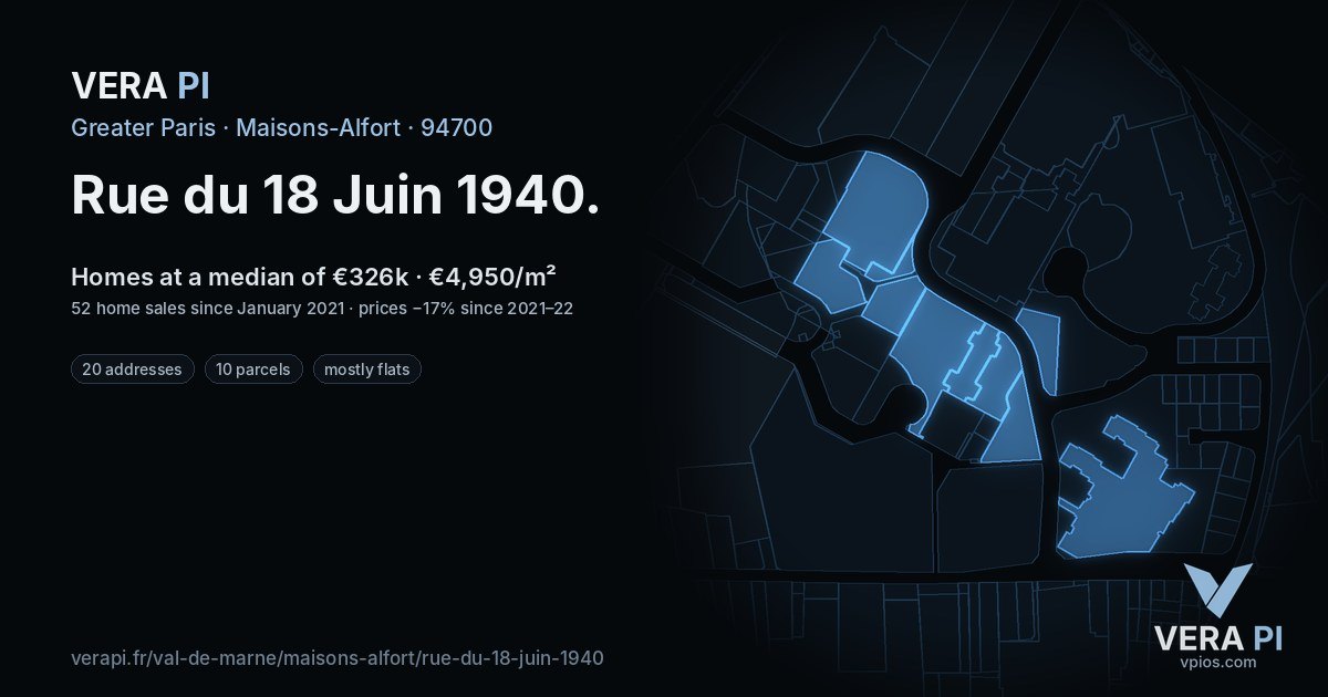 Rue du 18 Juin 1940, Maisons-Alfort at night – every parcel coloured by the prices around it, the street's own parcels lit