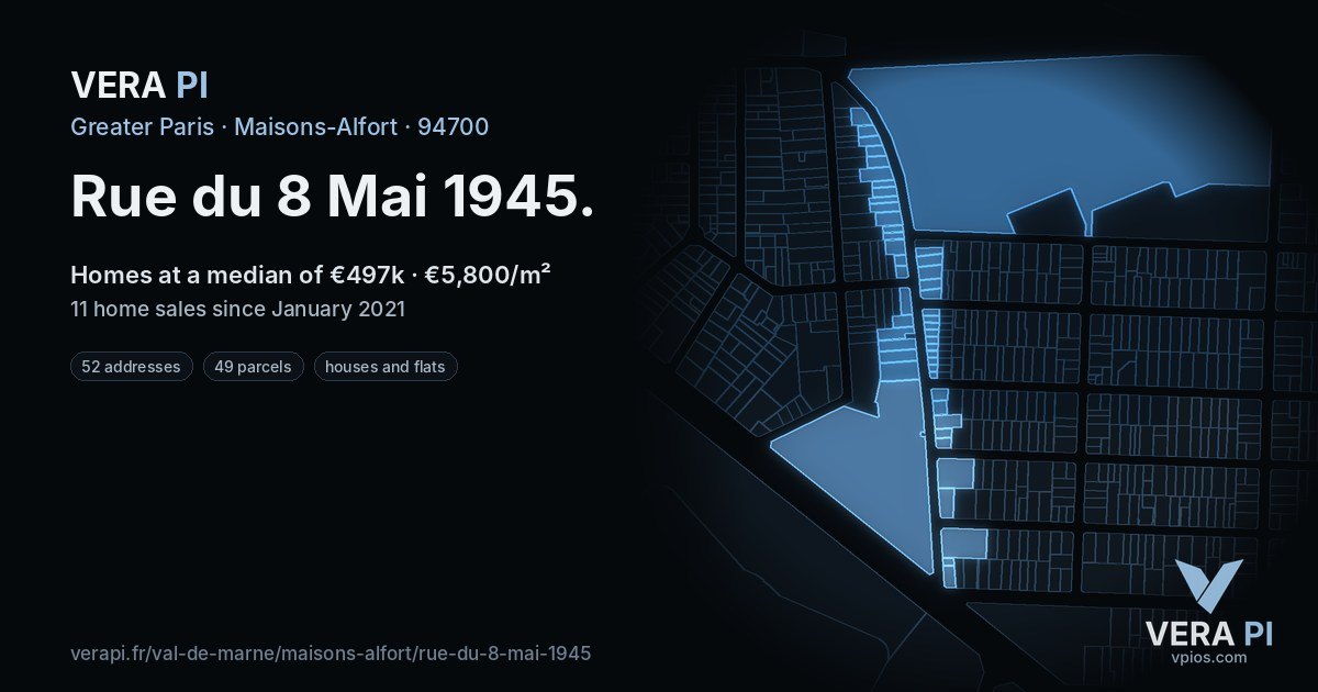 Rue du 8 Mai 1945, Maisons-Alfort at night – every parcel coloured by the prices around it, the street's own parcels lit