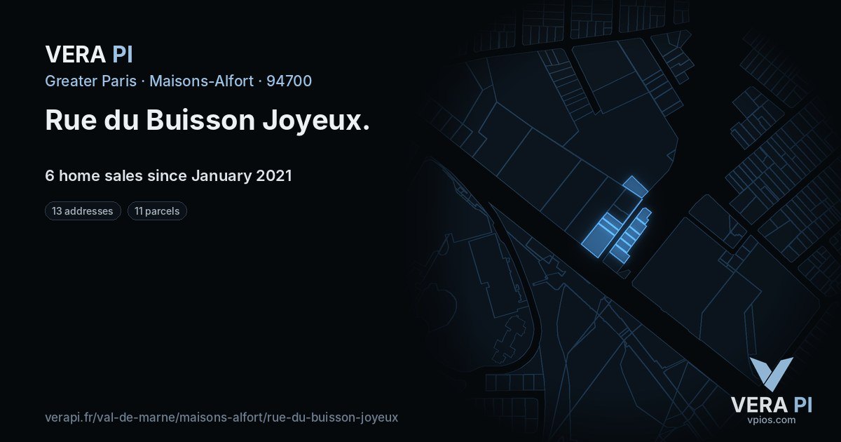 Rue du Buisson Joyeux, Maisons-Alfort at night – every parcel coloured by the prices around it, the street's own parcels lit