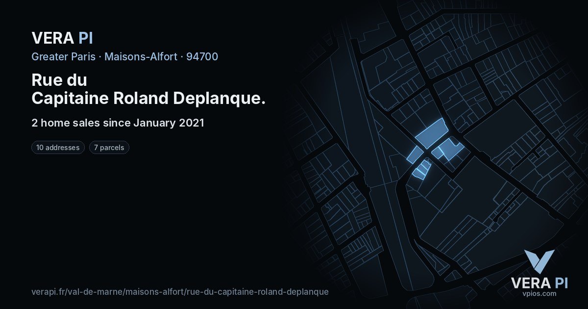 Rue du Capitaine Roland Deplanque, Maisons-Alfort at night – every parcel coloured by the prices around it, the street's own parcels lit