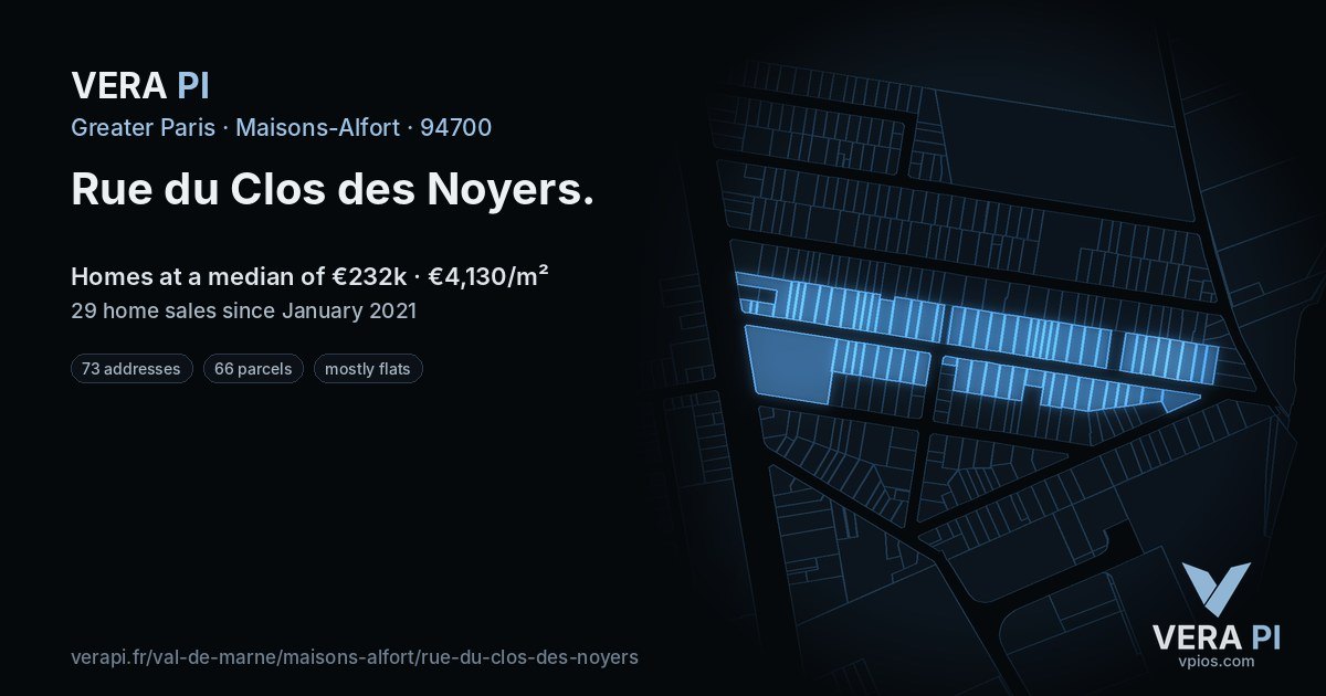 Rue du Clos des Noyers, Maisons-Alfort at night – every parcel coloured by the prices around it, the street's own parcels lit