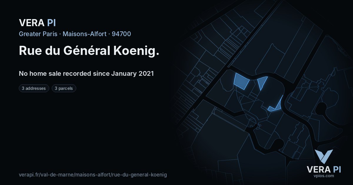 Rue du Général Koenig, Maisons-Alfort at night – every parcel coloured by the prices around it, the street's own parcels lit