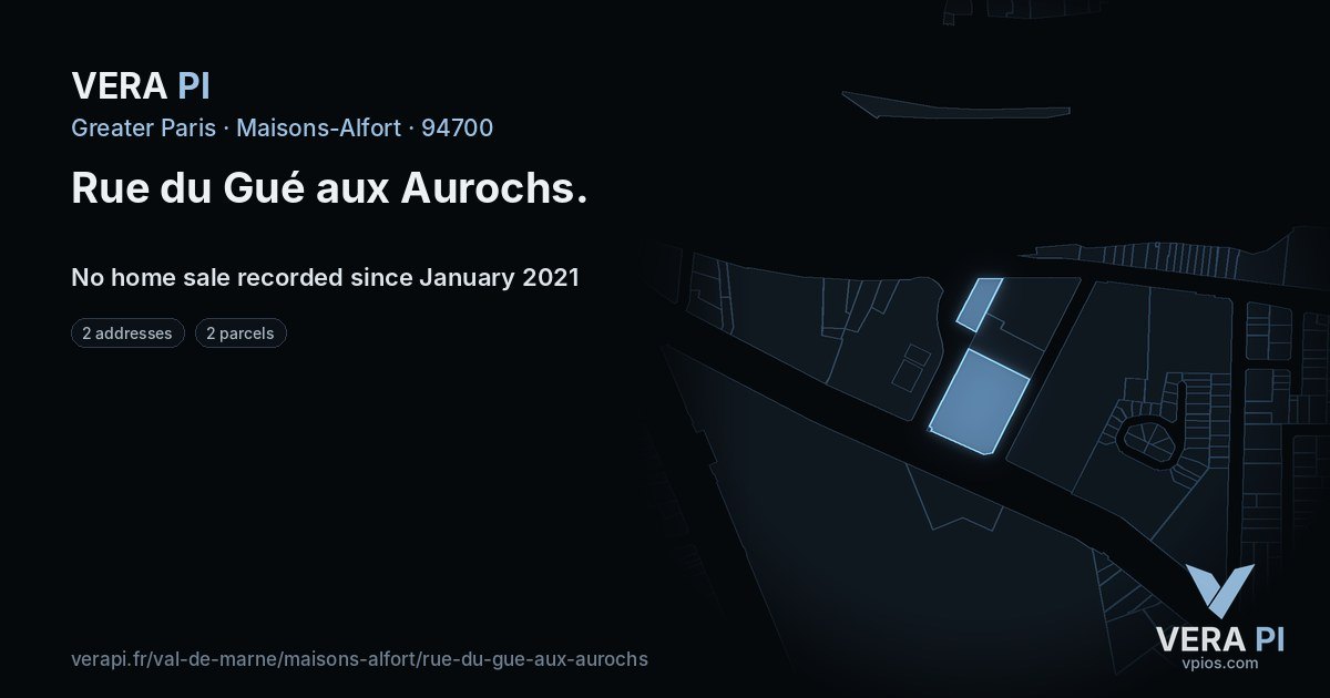 Rue du Gué aux Aurochs, Maisons-Alfort at night – every parcel coloured by the prices around it, the street's own parcels lit