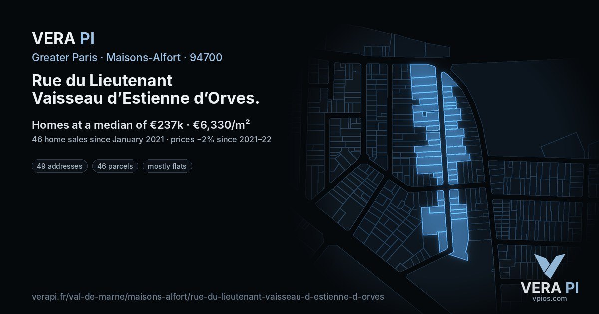 Rue du Lieutenant Vaisseau d’Estienne d’Orves, Maisons-Alfort at night – every parcel coloured by the prices around it, the street's own parcels lit