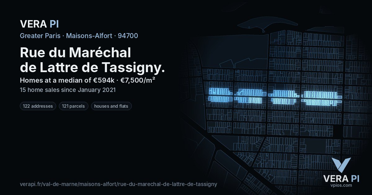 Rue du Maréchal de Lattre de Tassigny, Maisons-Alfort at night – every parcel coloured by the prices around it, the street's own parcels lit
