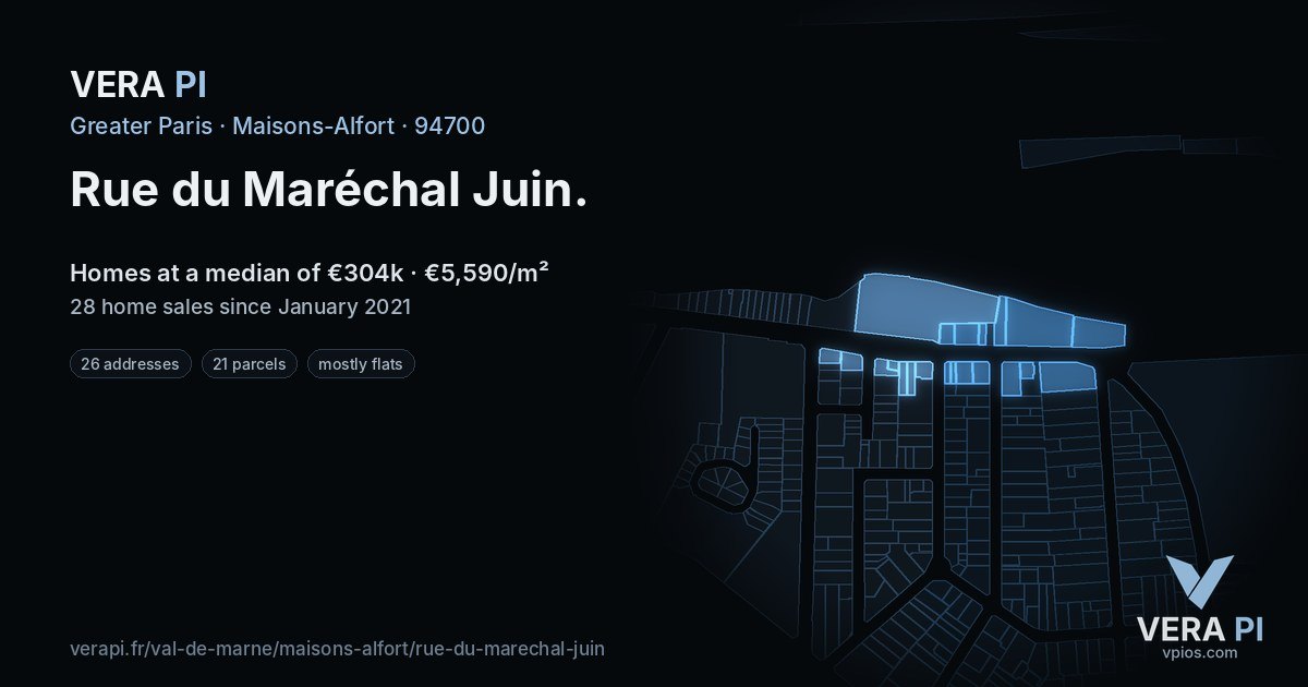 Rue du Maréchal Juin, Maisons-Alfort at night – every parcel coloured by the prices around it, the street's own parcels lit