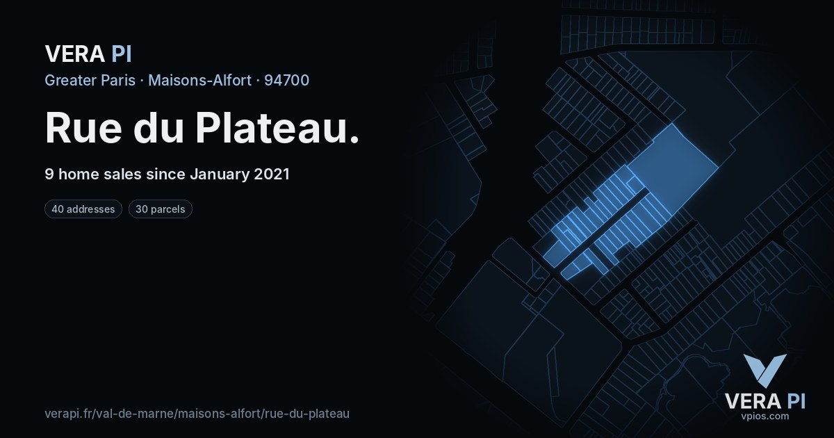 Rue du Plateau, Maisons-Alfort at night – every parcel coloured by the prices around it, the street's own parcels lit