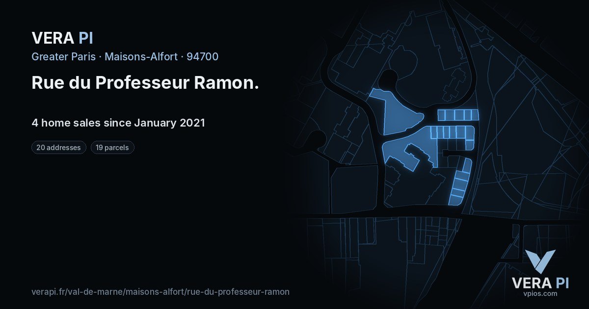 Rue du Professeur Ramon, Maisons-Alfort at night – every parcel coloured by the prices around it, the street's own parcels lit
