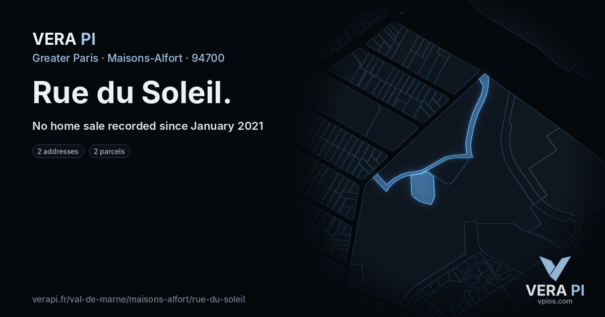 Rue du Soleil, Maisons-Alfort at night – every parcel coloured by the prices around it, the street's own parcels lit