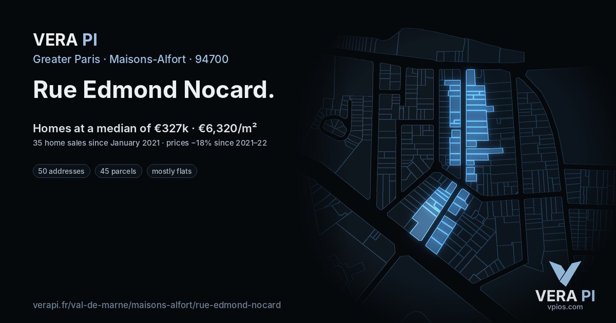 Rue Edmond Nocard, Maisons-Alfort at night – every parcel coloured by the prices around it, the street's own parcels lit