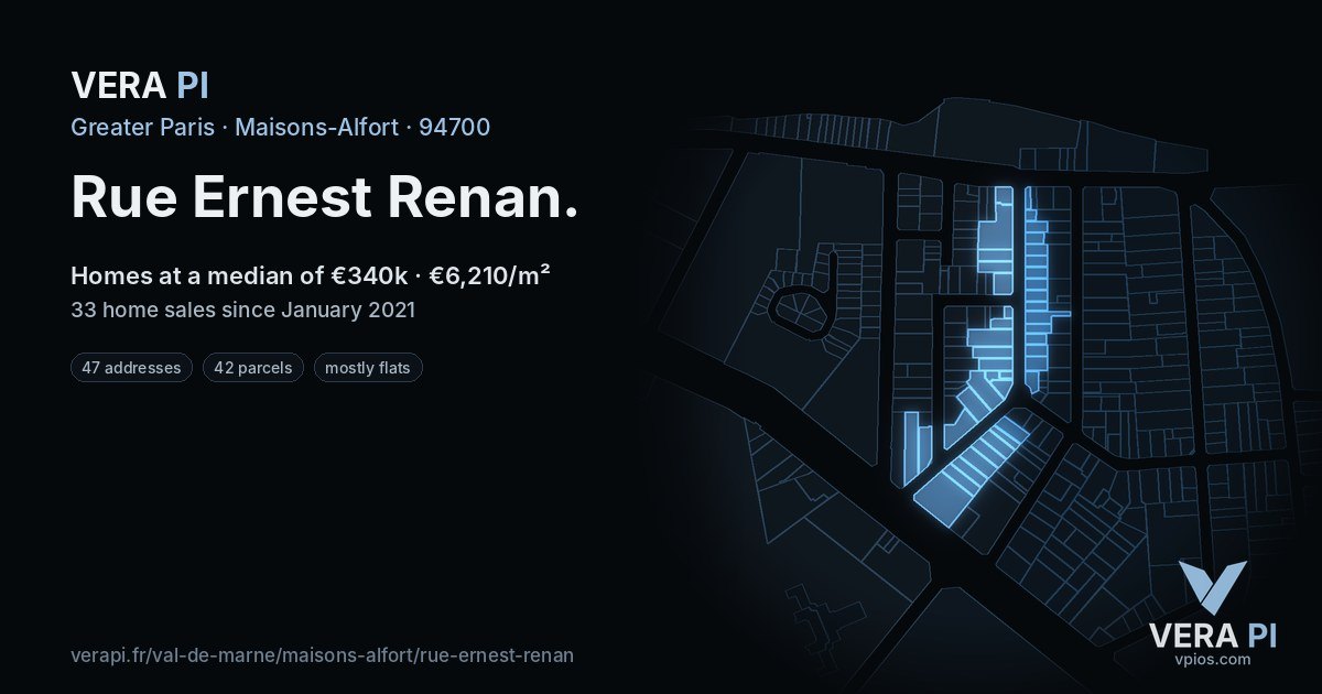 Rue Ernest Renan, Maisons-Alfort at night – every parcel coloured by the prices around it, the street's own parcels lit