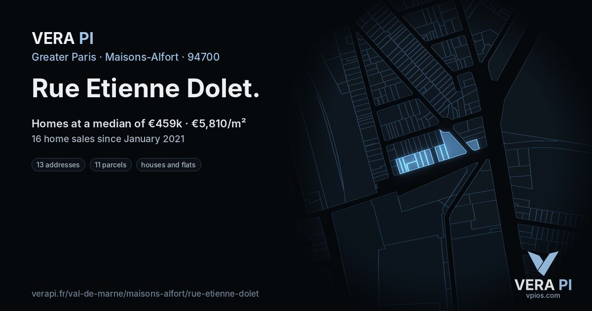 Rue Etienne Dolet, Maisons-Alfort at night – every parcel coloured by the prices around it, the street's own parcels lit