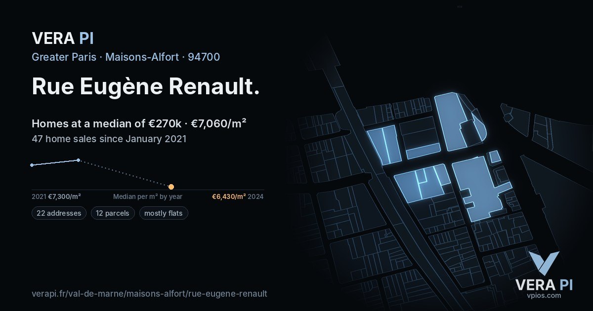 Rue Eugène Renault, Maisons-Alfort at night – every parcel coloured by the prices around it, the street's own parcels lit