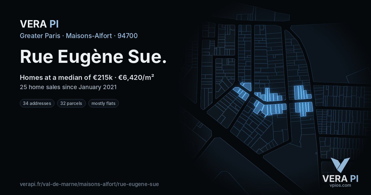 Rue Eugène Sue, Maisons-Alfort at night – every parcel coloured by the prices around it, the street's own parcels lit