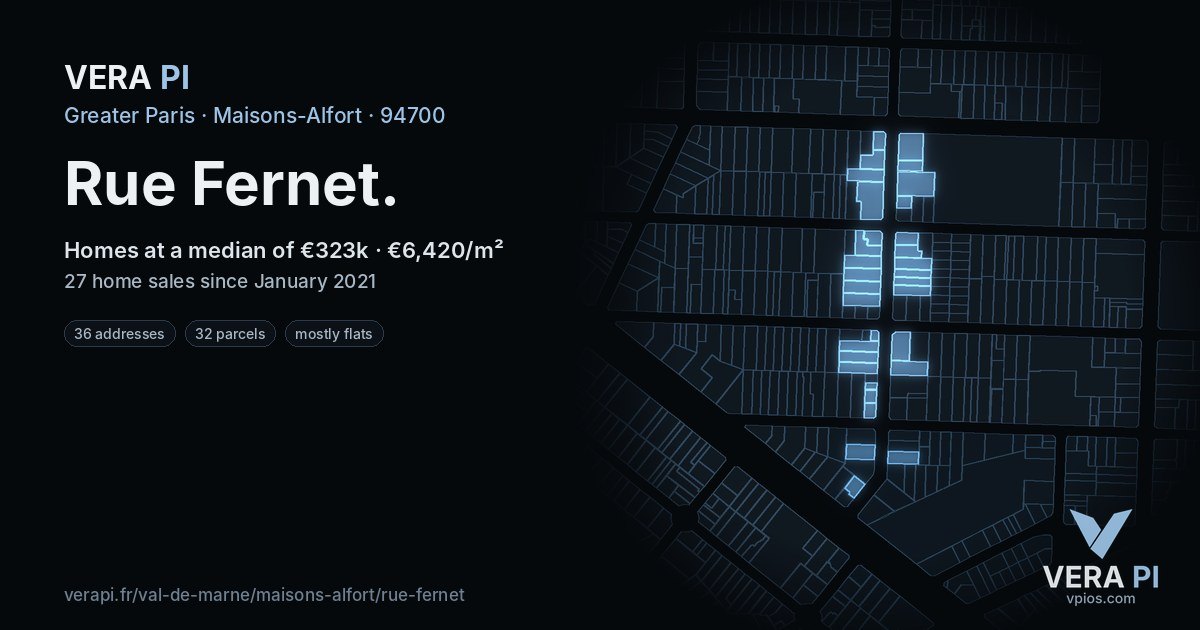 Rue Fernet, Maisons-Alfort at night – every parcel coloured by the prices around it, the street's own parcels lit