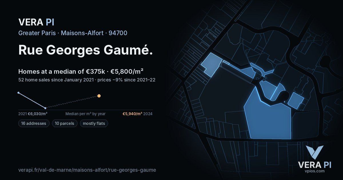 Rue Georges Gaumé, Maisons-Alfort at night – every parcel coloured by the prices around it, the street's own parcels lit