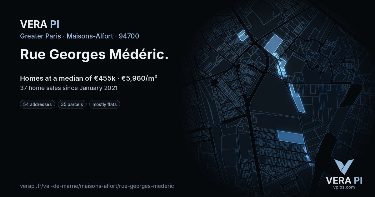 Rue Georges Médéric, Maisons-Alfort at night – every parcel coloured by the prices around it, the street's own parcels lit
