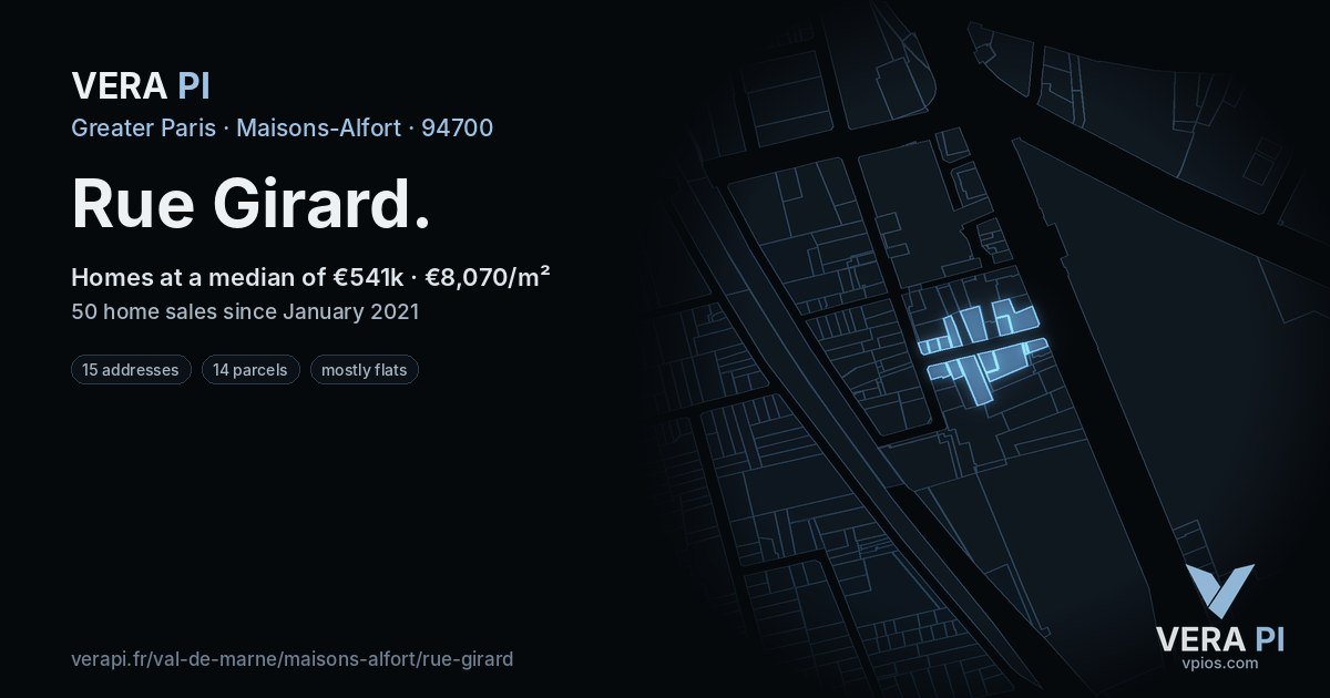 Rue Girard, Maisons-Alfort at night – every parcel coloured by the prices around it, the street's own parcels lit