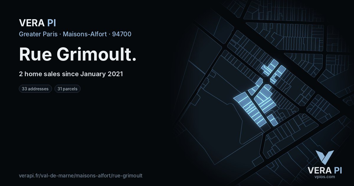 Rue Grimoult, Maisons-Alfort at night – every parcel coloured by the prices around it, the street's own parcels lit