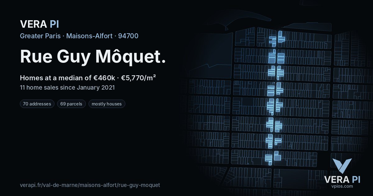 Rue Guy Môquet, Maisons-Alfort at night – every parcel coloured by the prices around it, the street's own parcels lit