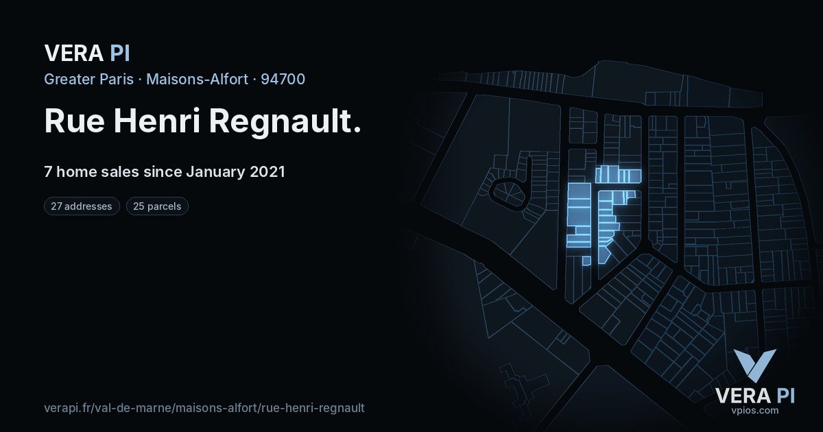 Rue Henri Regnault, Maisons-Alfort at night – every parcel coloured by the prices around it, the street's own parcels lit