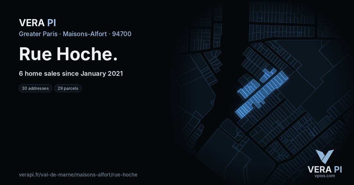 Rue Hoche, Maisons-Alfort at night – every parcel coloured by the prices around it, the street's own parcels lit