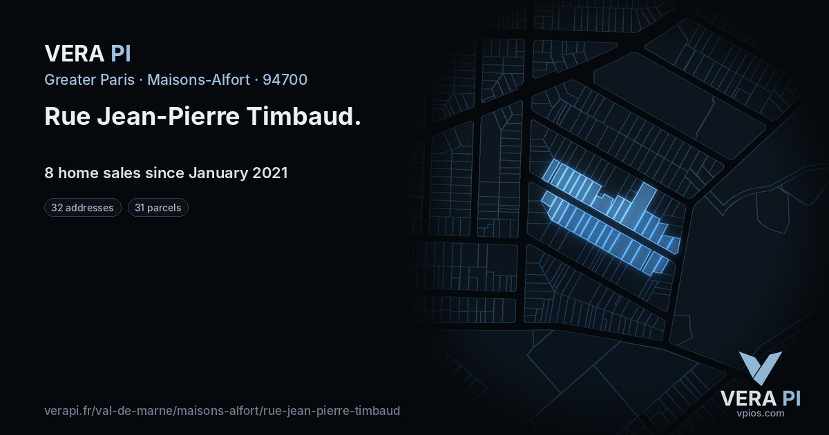 Rue Jean-Pierre Timbaud, Maisons-Alfort at night – every parcel coloured by the prices around it, the street's own parcels lit