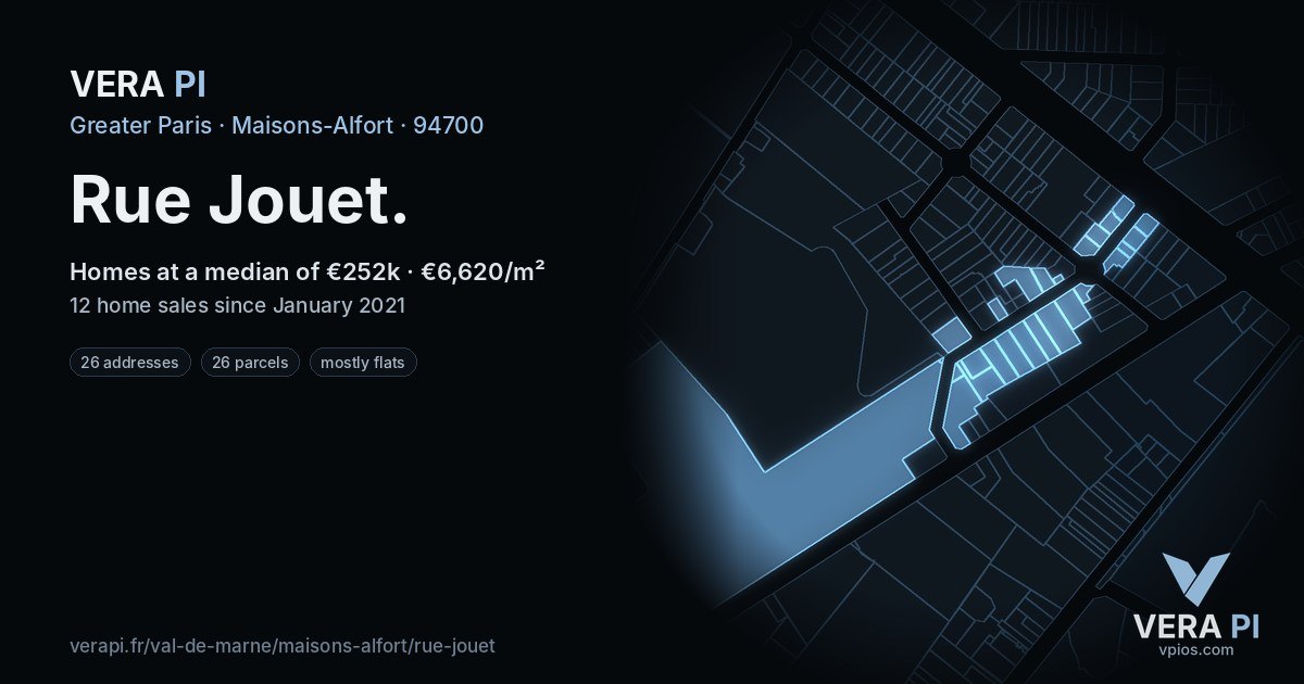 Rue Jouet, Maisons-Alfort at night – every parcel coloured by the prices around it, the street's own parcels lit