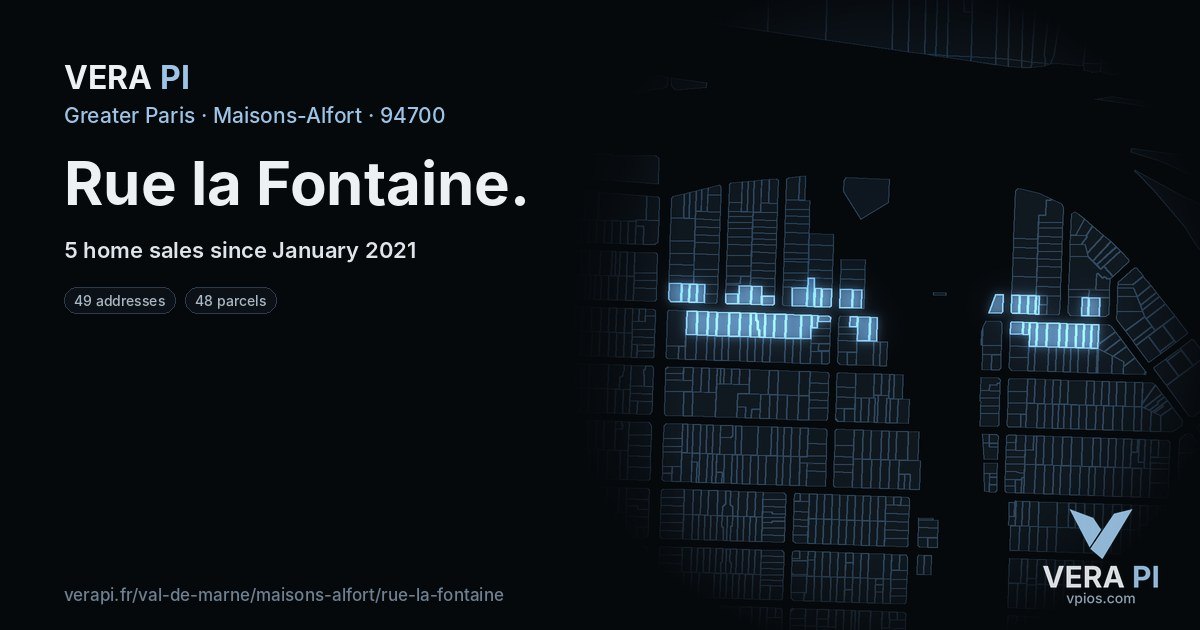 Rue la Fontaine, Maisons-Alfort at night – every parcel coloured by the prices around it, the street's own parcels lit