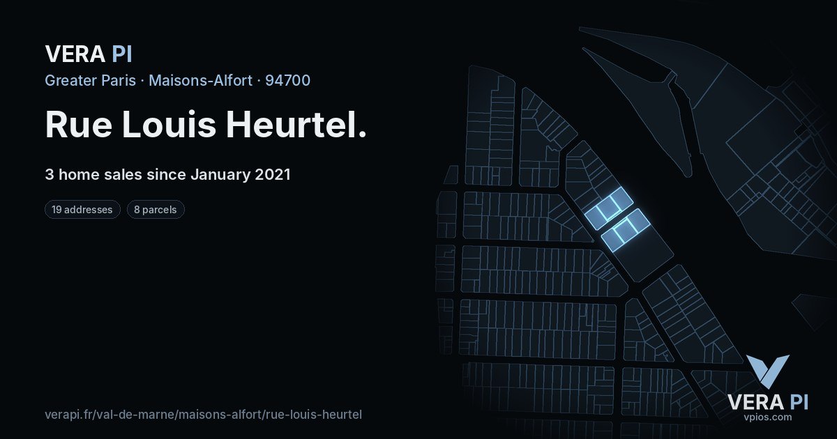 Rue Louis Heurtel, Maisons-Alfort at night – every parcel coloured by the prices around it, the street's own parcels lit