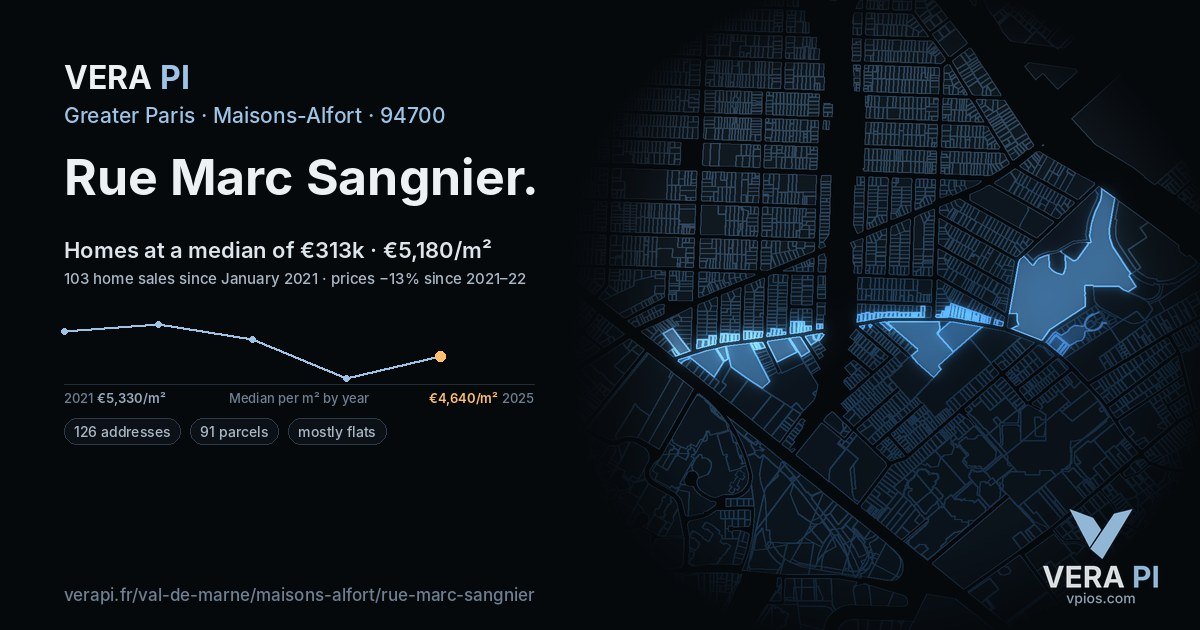 Rue Marc Sangnier, Maisons-Alfort at night – every parcel coloured by the prices around it, the street's own parcels lit