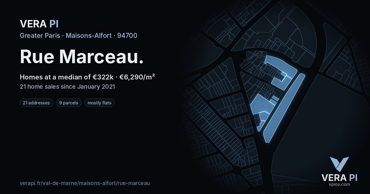 Rue Marceau, Maisons-Alfort at night – every parcel coloured by the prices around it, the street's own parcels lit