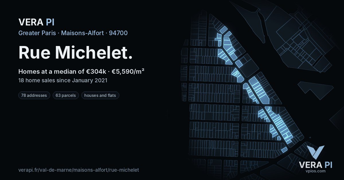 Rue Michelet, Maisons-Alfort at night – every parcel coloured by the prices around it, the street's own parcels lit