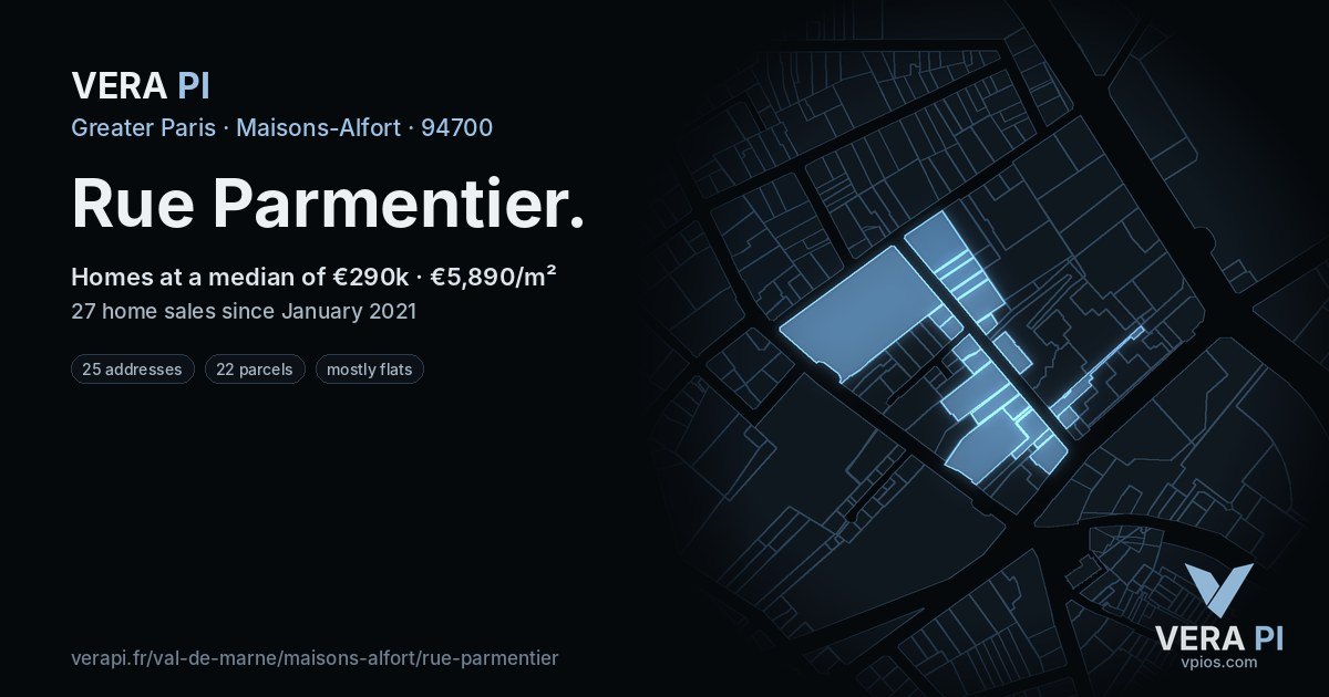 Rue Parmentier, Maisons-Alfort at night – every parcel coloured by the prices around it, the street's own parcels lit