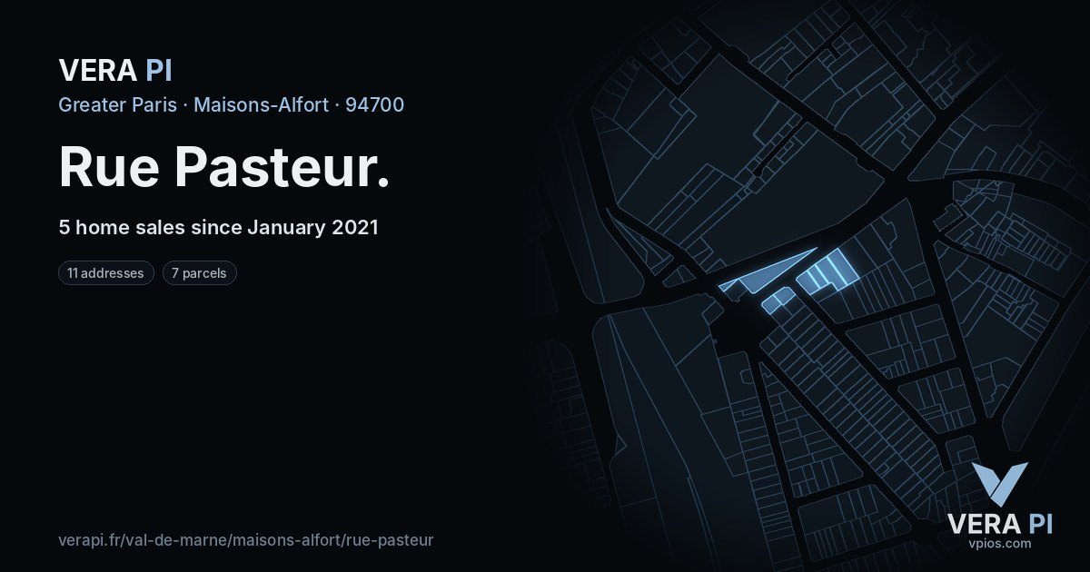Rue Pasteur, Maisons-Alfort at night – every parcel coloured by the prices around it, the street's own parcels lit