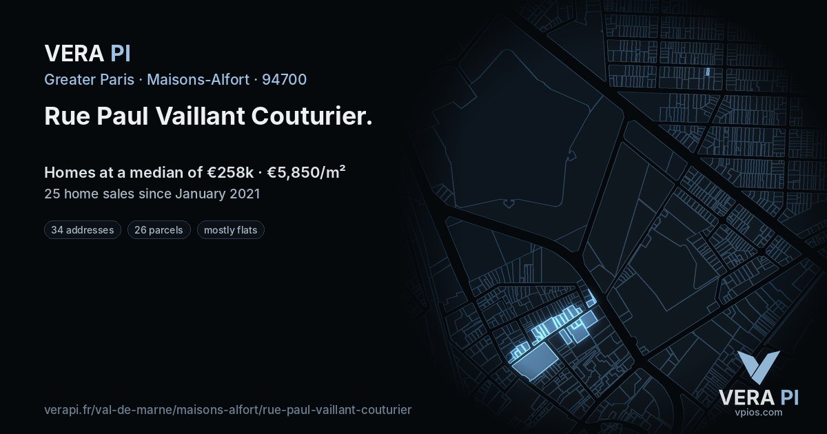 Rue Paul Vaillant Couturier, Maisons-Alfort at night – every parcel coloured by the prices around it, the street's own parcels lit
