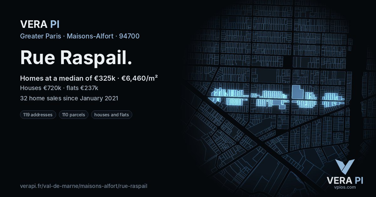 Rue Raspail, Maisons-Alfort at night – every parcel coloured by the prices around it, the street's own parcels lit
