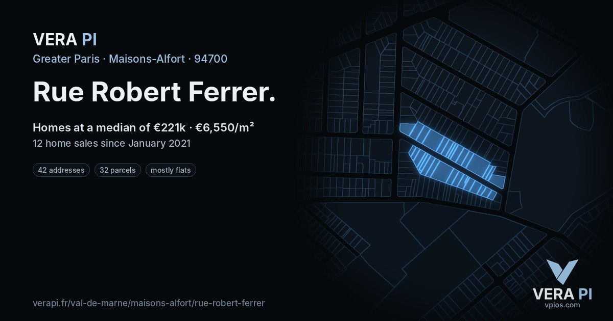 Rue Robert Ferrer, Maisons-Alfort at night – every parcel coloured by the prices around it, the street's own parcels lit