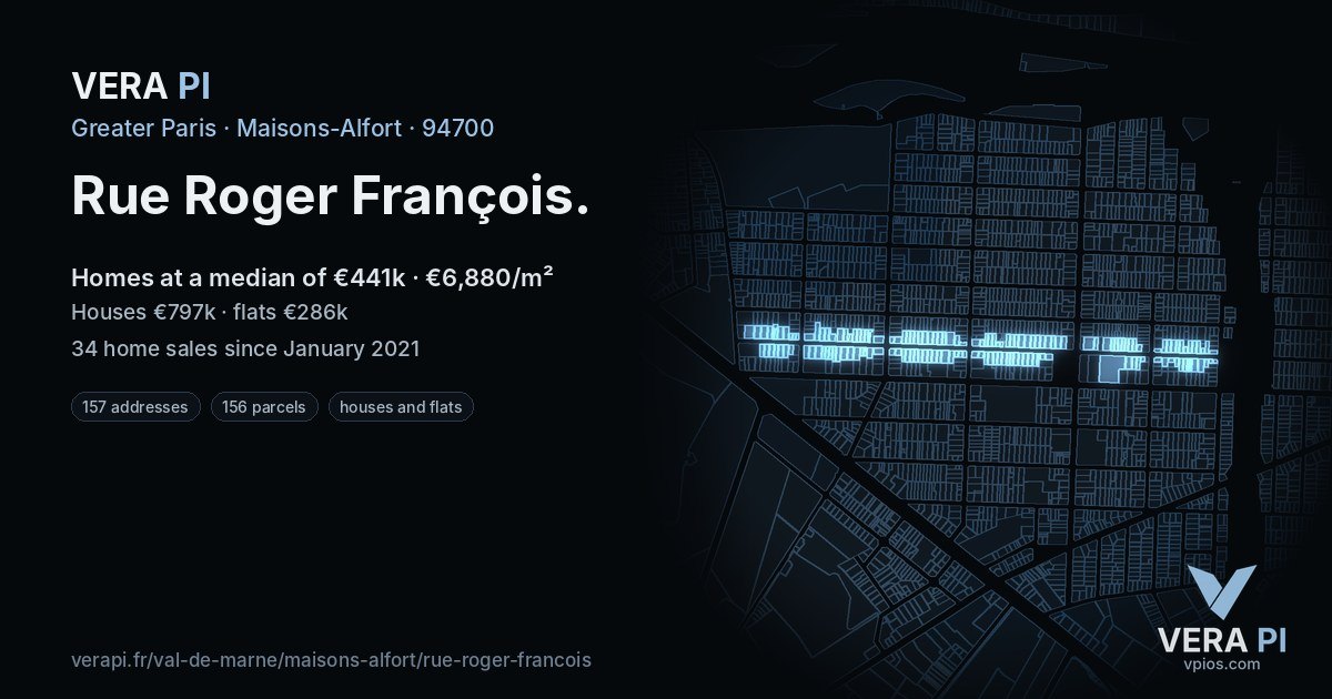 Rue Roger François, Maisons-Alfort at night – every parcel coloured by the prices around it, the street's own parcels lit