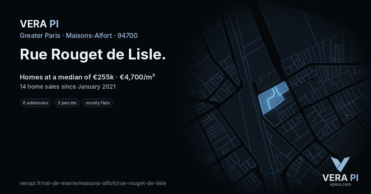 Rue Rouget de Lisle, Maisons-Alfort at night – every parcel coloured by the prices around it, the street's own parcels lit