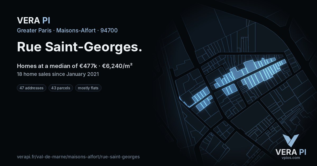 Rue Saint-Georges, Maisons-Alfort at night – every parcel coloured by the prices around it, the street's own parcels lit