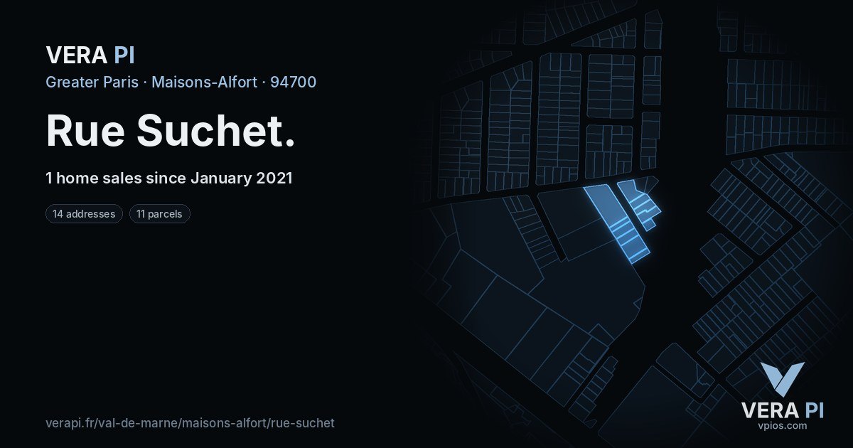 Rue Suchet, Maisons-Alfort at night – every parcel coloured by the prices around it, the street's own parcels lit