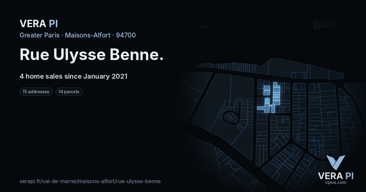 Rue Ulysse Benne, Maisons-Alfort at night – every parcel coloured by the prices around it, the street's own parcels lit