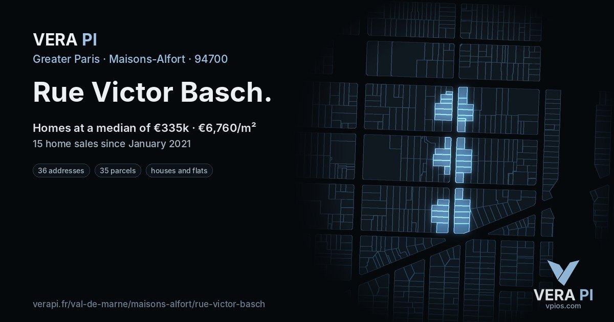 Rue Victor Basch, Maisons-Alfort at night – every parcel coloured by the prices around it, the street's own parcels lit