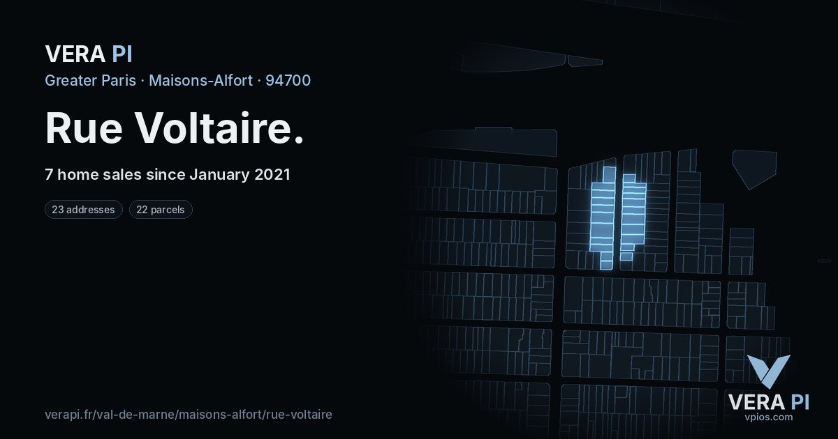 Rue Voltaire, Maisons-Alfort at night – every parcel coloured by the prices around it, the street's own parcels lit