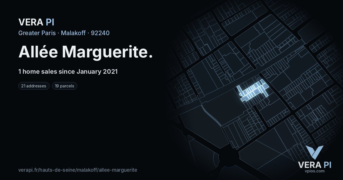 Allée Marguerite, Malakoff at night – every parcel coloured by the prices around it, the street's own parcels lit
