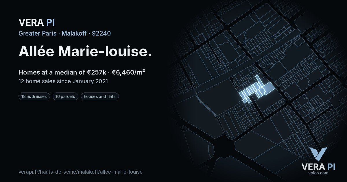 Allée Marie-louise, Malakoff at night – every parcel coloured by the prices around it, the street's own parcels lit