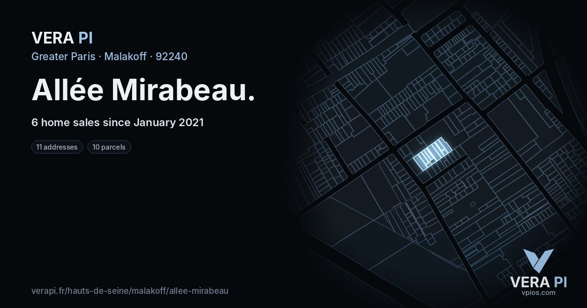 Allée Mirabeau, Malakoff at night – every parcel coloured by the prices around it, the street's own parcels lit