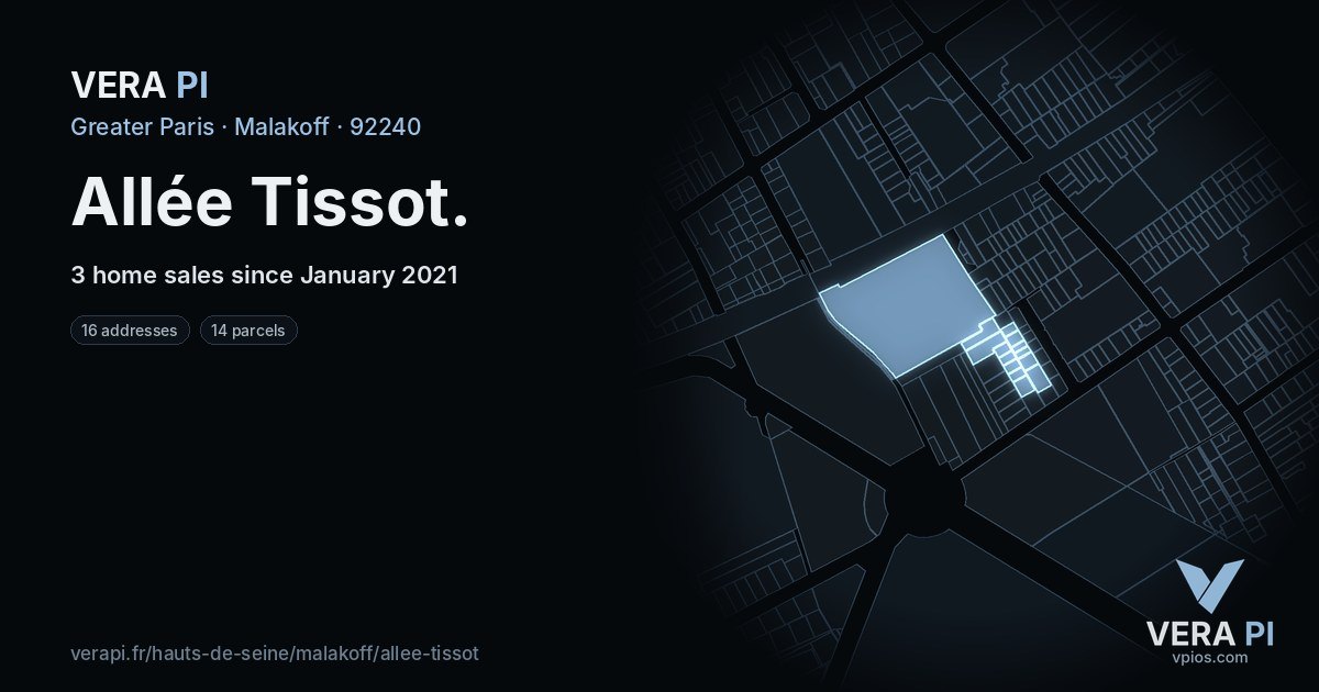 Allée Tissot, Malakoff at night – every parcel coloured by the prices around it, the street's own parcels lit