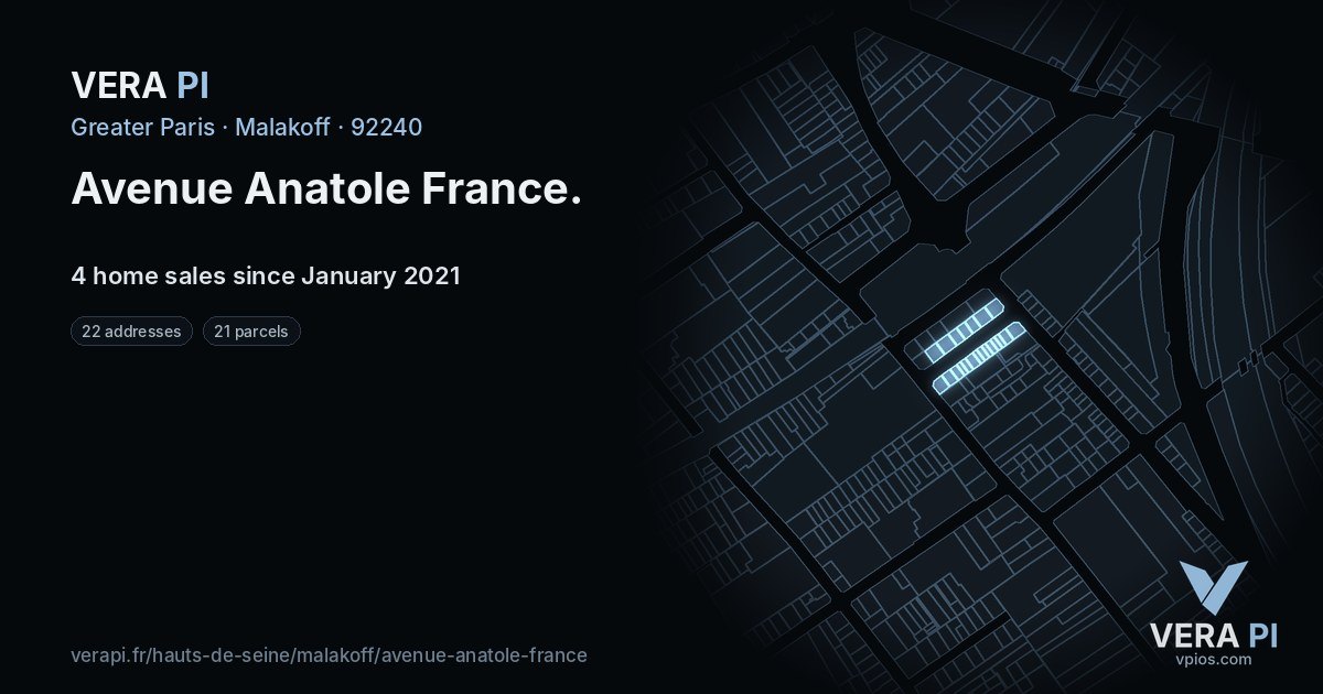 Avenue Anatole France, Malakoff at night – every parcel coloured by the prices around it, the street's own parcels lit
